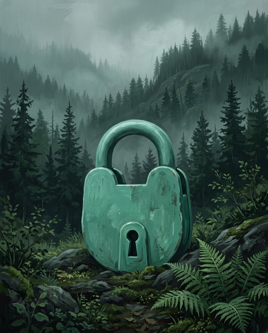 Illustration of a large mint-green padlock standing in a misty spruce forest